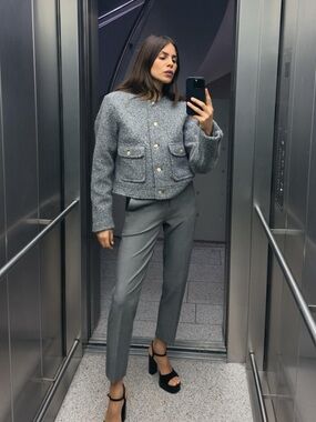 Zara Gray Bouclé Pocket Blazer with Gold Buttons